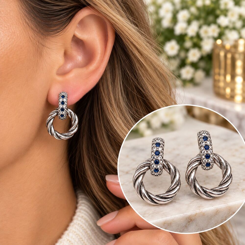 Splashes & Sparkles Earrings Silver Tone Hoop Blue Rhinestone Womens Jewelry